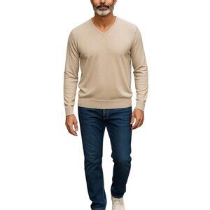 Lanvin Sweater Pullover Beige Tan Men's Medium Long Sleeve V-Neck Silk Cotton